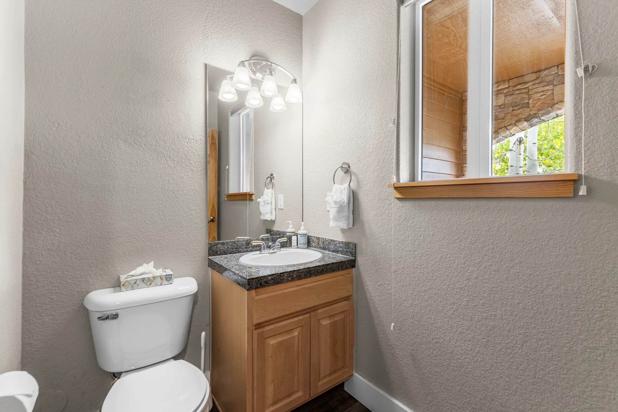 North Pond Retreat, Powder room with a toilet, wood vanity, mirror, and window, waterfront vacation rental in Silverthorne, Colorado
